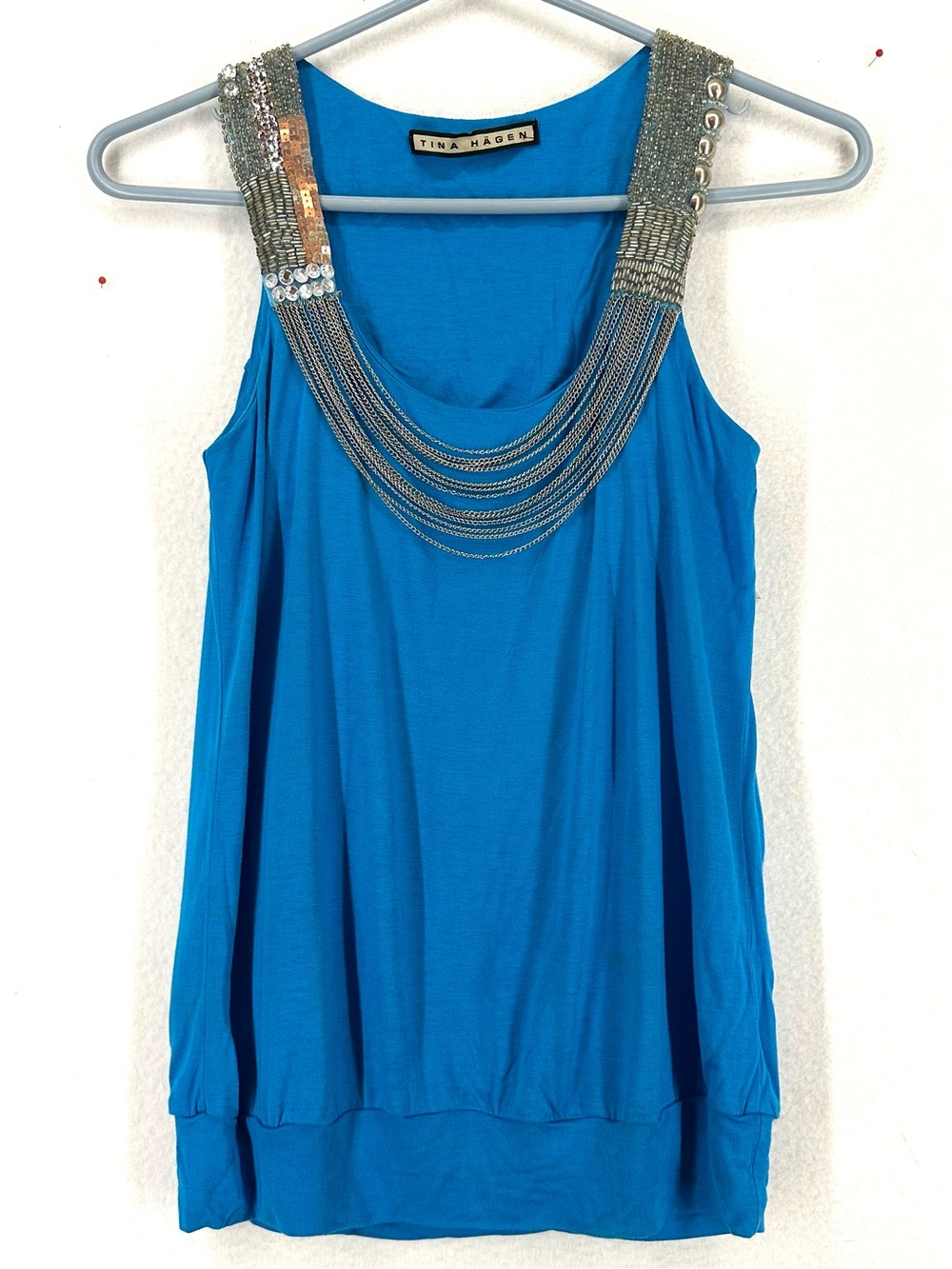 Tina Hagen Embellished Chain Tank Top Women’s XS Blue Built In Bra Y2K
